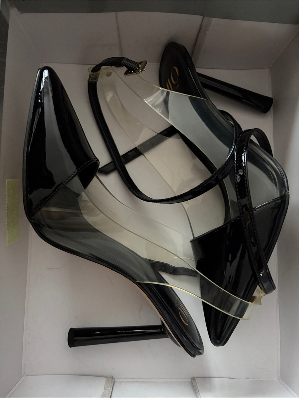 Jennifer Lopez Black Patent Pointed-Toe Clear-Strap Stilettos